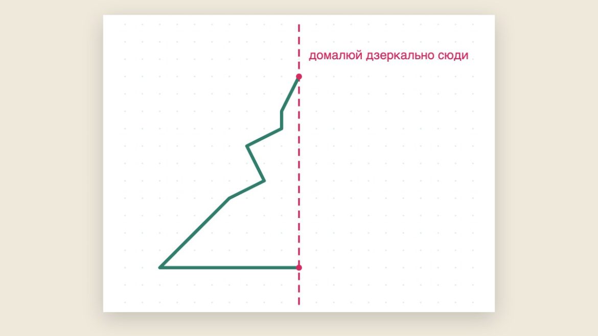Аркуш у крапку з половиною ялинки ліворуч від пунктирної осі і підписом «домалюй дзеркально сюди»